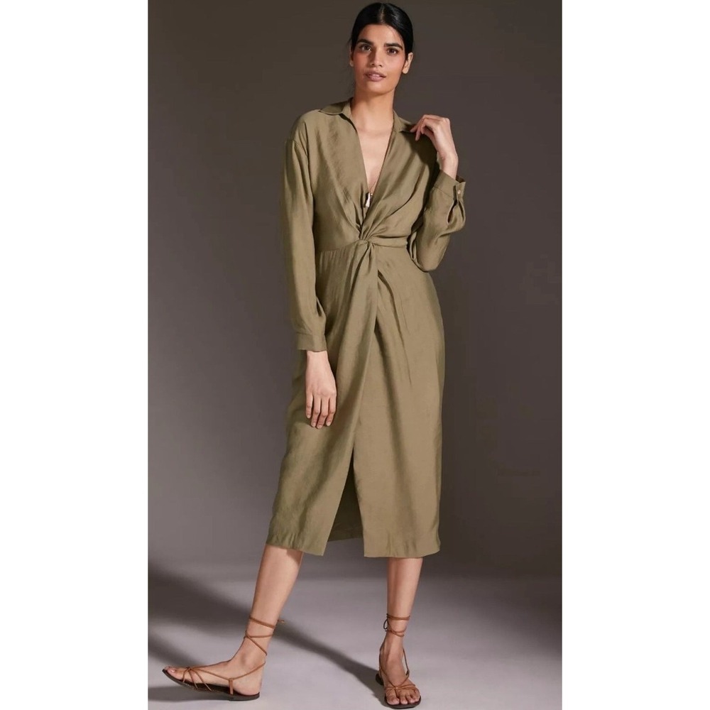 Anthropologie Graziella Twist Waist Shirt Dress 4P Olive Green Midi V-Neck